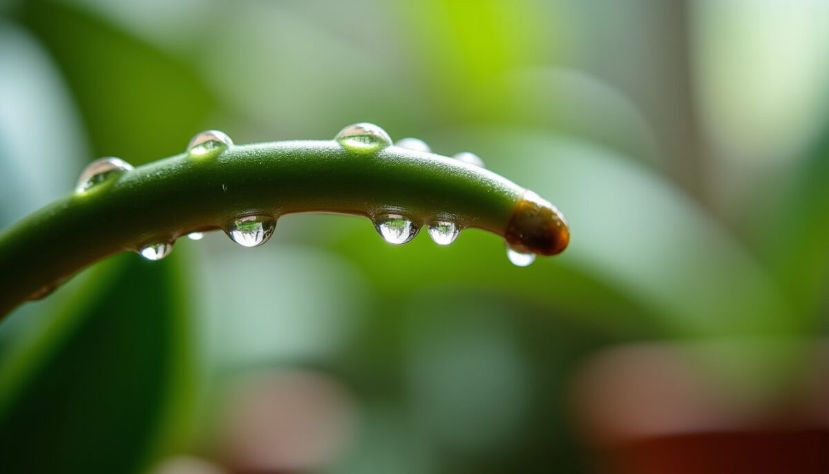 Mystère autour des gouttes collantes sur la tige de mon orchidée : causes et solutions